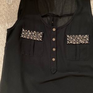 Black sheer jewel pocket sleeveless top womens size small